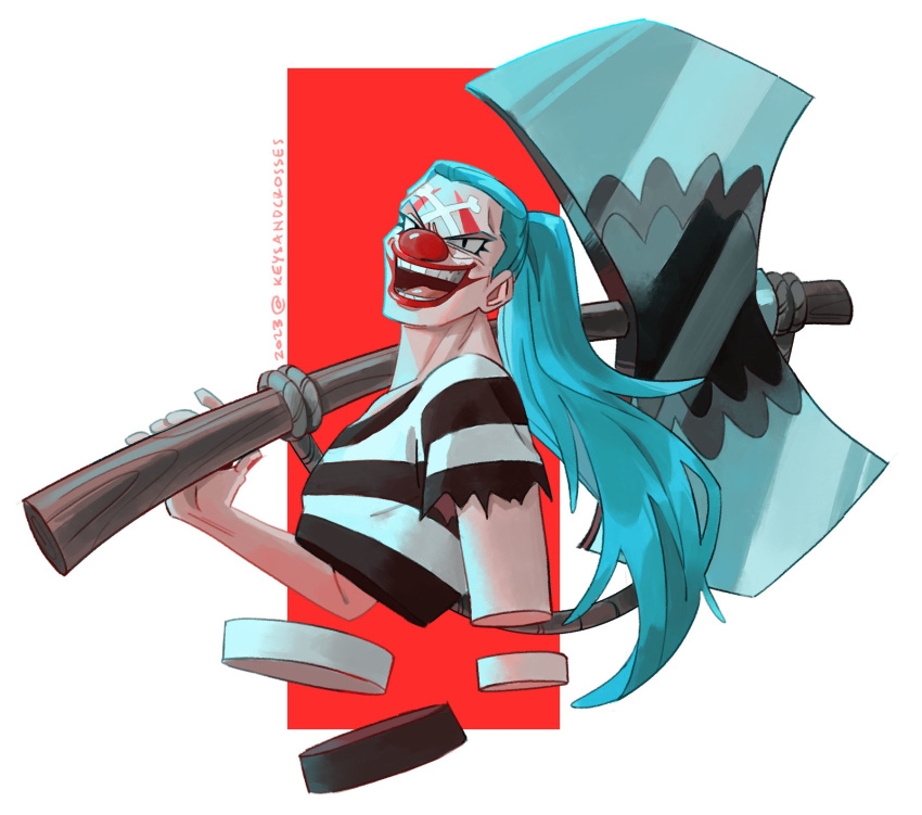 1boy axe battle_axe blue_hair buggy_the_clown devil_fruit_power evil_smile facepaint from_side head_tilt highres keysandcrosses long_hair looking_at_viewer makeup male_focus official_alternate_costume official_alternate_hairstyle one_piece over_shoulder pirate ponytail prison_clothes red_nose smile solo weapon weapon_over_shoulder