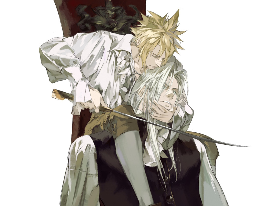 2boys alternate_costume black_vest blonde_hair blue_eyes brown_shorts buttons chair closed_eyes cloud_strife collared_shirt final_fantasy final_fantasy_vii frilled_shirt frilled_shirt_collar frills hand_on_another's_chin highres holding holding_another's_head holding_sword holding_weapon imminent_injury implied_yaoi leg_on_another's_shoulder leggings long_hair long_sleeves looking_down looking_up male_focus multiple_boys on_chair parted_lips puffy_long_sleeves puffy_sleeves sephiroth shirt short_hair shorts simple_background sitting spiky_hair sword sword_to_throat vest victorian weapon white_background white_hair white_leggings white_shirt xscr1205