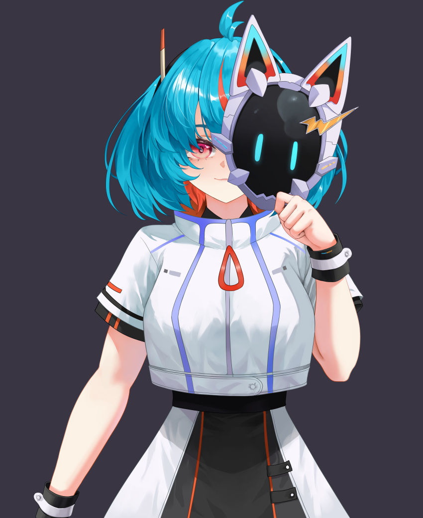 1girl absurdres ahoge belt black_skirt blue_hair bracelet cat_mask dark_background dress futuristic_outfit hair_ornament highres holding holding_mask indie_virtual_youtuber jewelry looking_at_viewer mana_(manasenshou) mask michi_(vtuber) multicolored_hair non-web_source one_eye_visible partially_visible_face short_hair short_sleeves simple_background skirt smile solid_background solo standing upper_body white_dress wristband