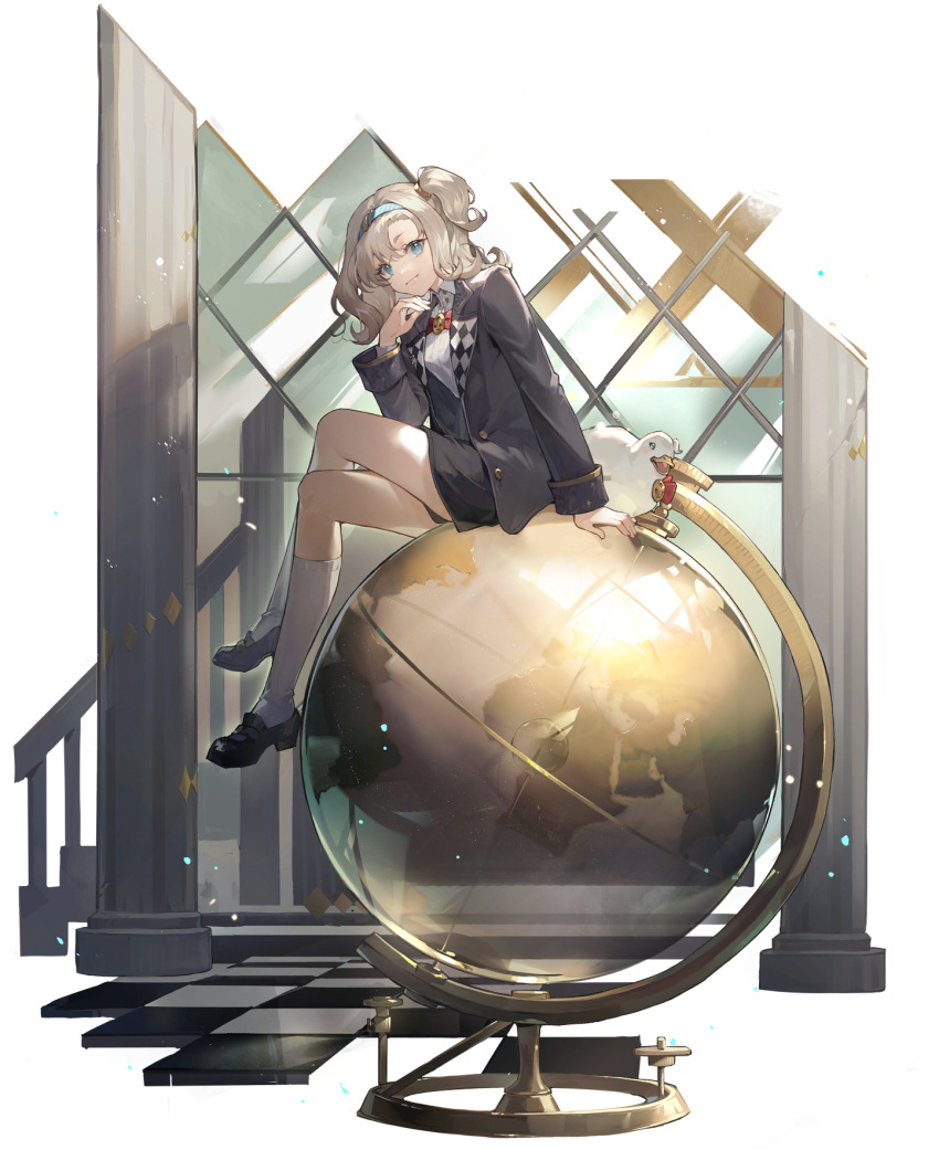 1girl black_footwear black_jacket blonde_hair blue_eyes blue_hairband buttons checkered_floor crossed_legs full_body globe gold_trim grey_shorts hairband hand_up highres jacket long_hair long_sleeves looking_at_viewer matilda_bouanich official_art one_side_up reverse:1999 shoes shorts sitting socks solo third-party_source white_socks window wing_collar