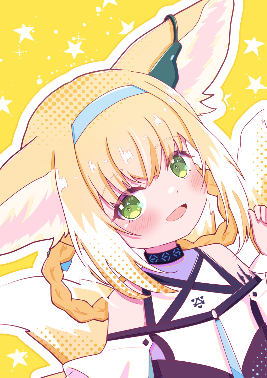 1girl absurdres animal_ear_fluff animal_ears arknights bare_shoulders blonde_hair blue_hairband blush braid braided_hair_rings cherry1209 clothing_cutout colored_tips commentary earpiece fox_ears fox_girl fox_tail green_eyes hair_rings hairband highres infection_monitor_(arknights) kitsune kyuubi multicolored_hair multiple_tails open_mouth oripathy_lesion_(arknights) short_hair shoulder_cutout solo suzuran_(arknights) tail twin_braids two-tone_hair white_hair