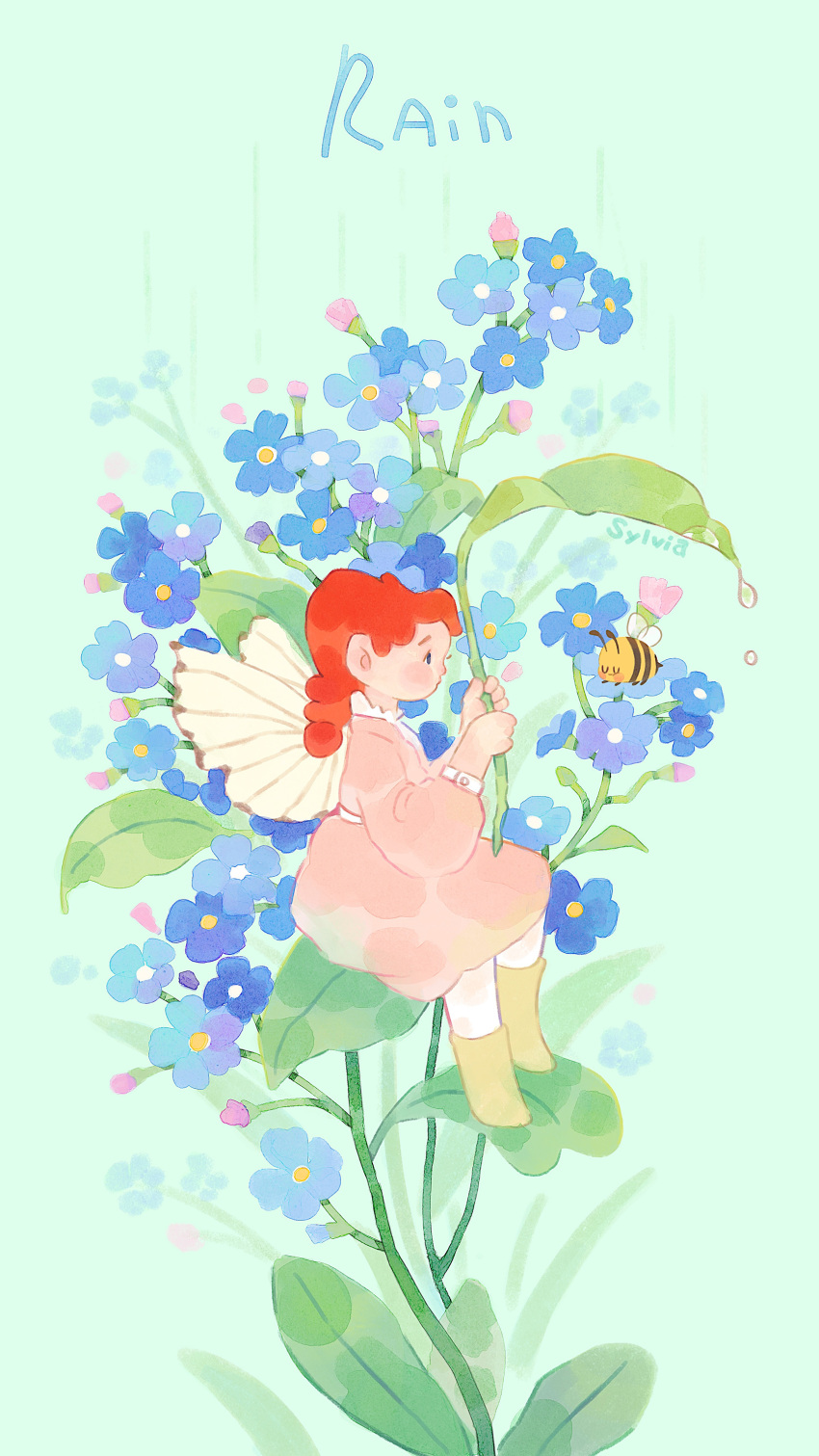 1girl absurdres aqua_background bee black_eyes blue_flower blush_stickers boots braid bud bug butterfly_wings buttons closed_eyes collar collared_dress commentary dew_drop dress english_text flower flower_request frilled_collar frills from_side full_body highres holding holding_leaf knee_boots leaf long_sleeves looking_at_animal medium_dress mini_person minigirl orange_hair original pink_dress puffy_long_sleeves puffy_sleeves rain rubber_boots sash single_braid sitting solo sylviaan symbol-only_commentary water_drop white_collar white_sash white_wings wings yellow_footwear