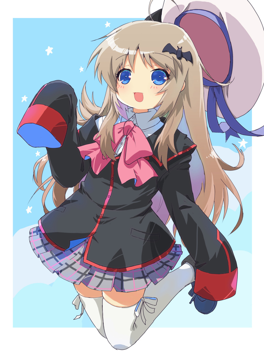1girl adapted_costume ahoge akayama_yukihe bat_hair_ornament beret black_jacket blue_eyes blush bow commentary_request eyelashes floating_clothes full_body grey_hair grey_skirt hair_ornament hand_up hat highres iowa_(kancolle) jacket jumping little_busters! little_busters!_school_uniform long_hair looking_at_viewer midair miniskirt noumi_kudryavka parted_bangs pink_bow plaid plaid_skirt pleated_skirt school_uniform sidelocks skirt sleeves_past_fingers sleeves_past_wrists solo spiky_hair thigh-highs unworn_hat unworn_headwear very_long_hair white_headwear white_thighhighs