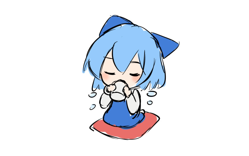 1girl blue_bow blue_hair bow cirno commentary cup detached_wings drinking english_commentary ferdy's_lab full_body hair_bow highres holding holding_cup long_sleeves short_hair solo touhou wings