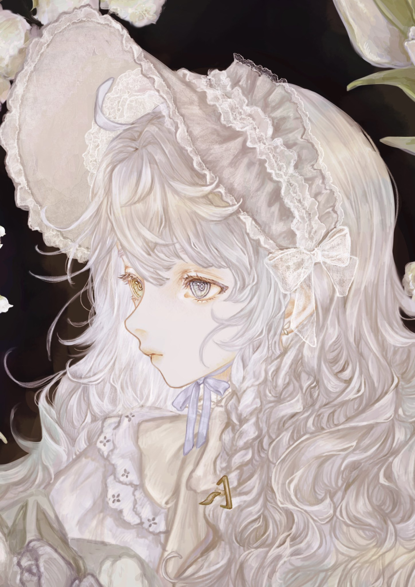 1girl artisul black_background blue_eyes bonnet braid close-up dress expressionless flower heterochromia highres long_hair looking_to_the_side original shirone_(coxo_ii) side_braid solo tulip wavy_hair white_dress white_flower white_hair yellow_eyes