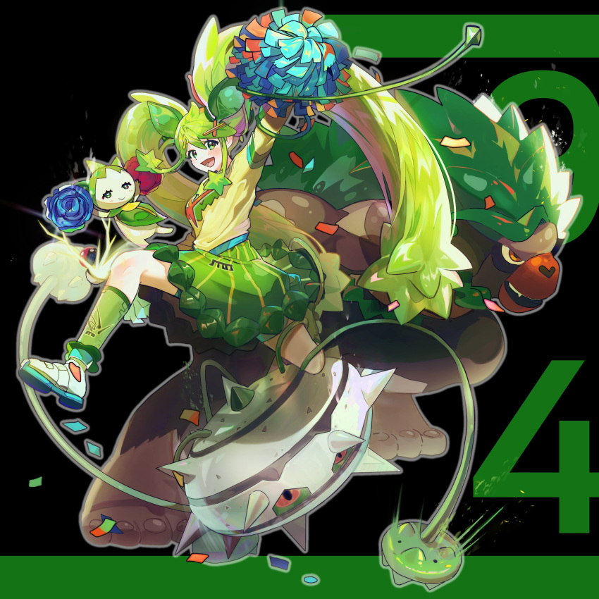 1girl :d absurdres commentary confetti ferrothorn grass_miku_(project_voltage) green_hair green_skirt green_socks hair_ornament happy hatsune_miku highres holding holding_pom_poms legs_apart long_hair lower_teeth_only majyo_(witch_poke) open_mouth outstretched_arms pokemon pokemon_(creature) pom_pom_(cheerleading) project_voltage rillaboom shirt shoes sidelocks skirt smile socks symbol-only_commentary teeth tongue twintails vocaloid x_hair_ornament yellow_shirt