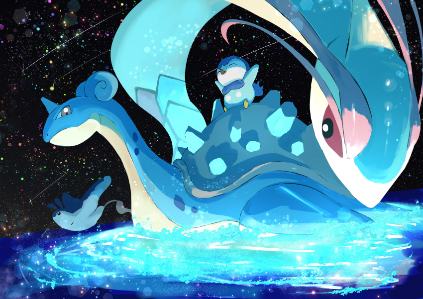 ^_^ absurdres afloat animal_focus black_eyes bright_pupils closed_eyes colored_sclera commentary highres horns lapras looking_at_viewer mantyke meteor_shower milotic night no_humans open_mouth piplup pokemon pokemon_(creature) red_sclera shell single_horn star_(sky) water white_pupils zeroartwo
