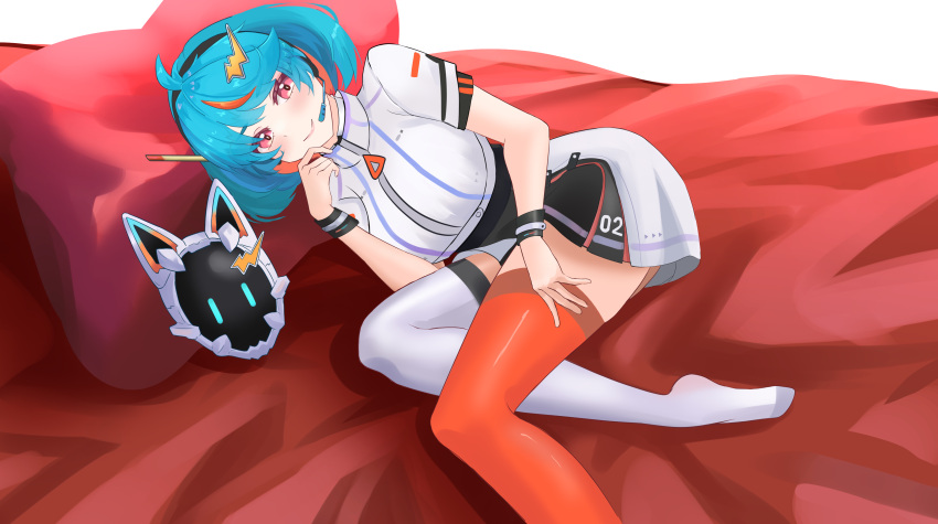 1girl absurdres ahoge asymmetrical_legwear bed belt black_skirt blue_hair blush cat_mask dress esteban_(estebaneishon) futuristic_outfit hair_ornament hairclip headset highres indie_virtual_youtuber lightning_bolt_symbol looking_at_viewer lying mask michi_(vtuber) microphone mismatched_legwear multicolored_hair non-web_source number_print on_bed short_hair short_sleeves skirt smile solo thigh-highs virtual_youtuber white_dress