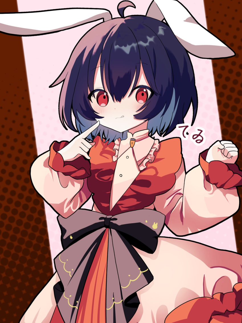 1girl :q adapted_costume ahoge animal_ears black_bow black_hair bow carrot character_name collared_dress commentary cowboy_shot dress frilled_sleeves frills hands_up highres inaba_tewi index_finger_raised lennonrine long_sleeves looking_at_viewer pink_dress rabbit_ears red_dress red_eyes short_hair solo tongue tongue_out touhou two-tone_dress waist_bow