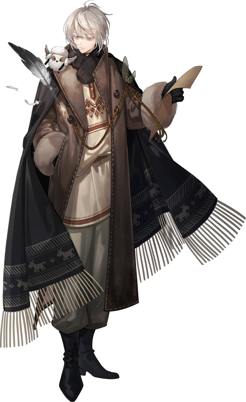 1boy bird black_cape black_footwear black_scarf boots brown_coat buttons cape closed_mouth coat feathers full_body fur-trimmed_coat fur_trim highres holding holding_paper long_sleeves male_focus official_art paper reverse:1999 rope scarf solo standing sweater tachi-e third-party_source transparent_background white_hair yellow_sweater zima_(reverse:1999)