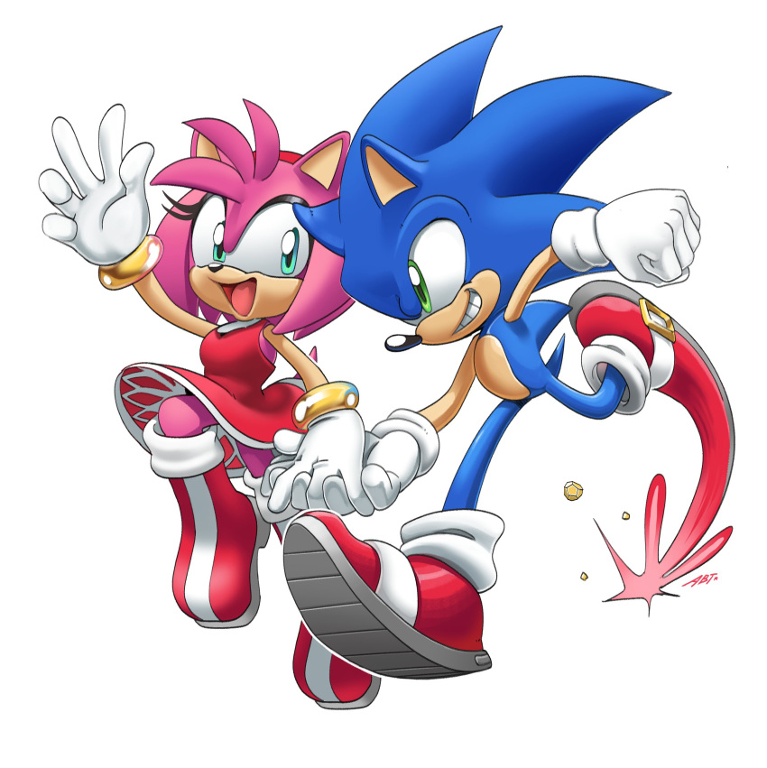 1boy 1girl absurdres adam_bryce_thomas amy_rose dress full_body furry furry_female furry_male gloves green_eyes highres holding_hands looking_at_another open_mouth red_dress red_footwear shoes simple_background sonic_(series) sonic_the_hedgehog white_background white_gloves