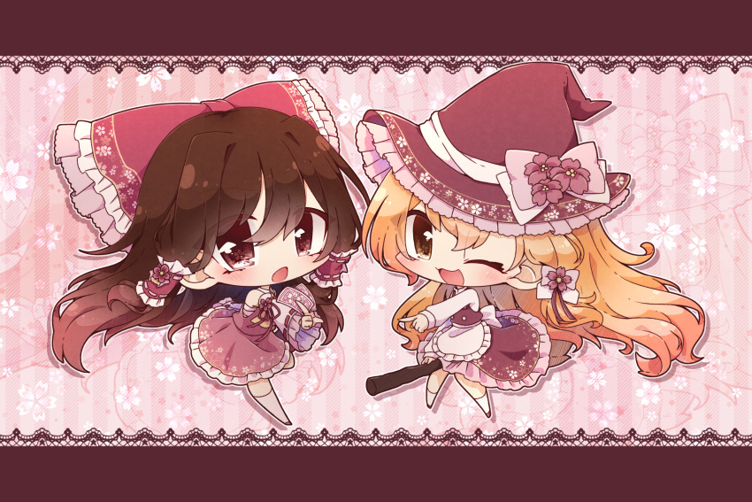 2girls adapted_costume apron ascot back_bow between_fingers black_headwear black_skirt black_vest blonde_hair blush bow broom broom_riding brown_eyes brown_hair buttons chibi collared_shirt commentary_request detached_sleeves eyes_visible_through_hair floral_background floral_print flower frilled_apron frilled_bow frilled_hair_tubes frilled_hat frilled_skirt frilled_sleeves frills hair_bow hair_tubes hakurei_reimu hat hat_bow hat_flower hat_ribbon highres holding holding_broom holding_paper kirisame_marisa kneehighs long_hair long_sleeves looking_at_viewer misosiru_0224 multiple_girls ofuda one_eye_closed open_mouth outstretched_arm paper pointing pointing_forward print_headwear red_bow red_ribbon red_shirt red_skirt ribbon ribbon-trimmed_sleeves ribbon_trim sarashi shirt sidelocks single_sidelock skirt skirt_set sleeveless sleeveless_shirt socks touhou vest white_bow white_ribbon white_socks wide_sleeves witch_hat yellow_ascot yellow_eyes