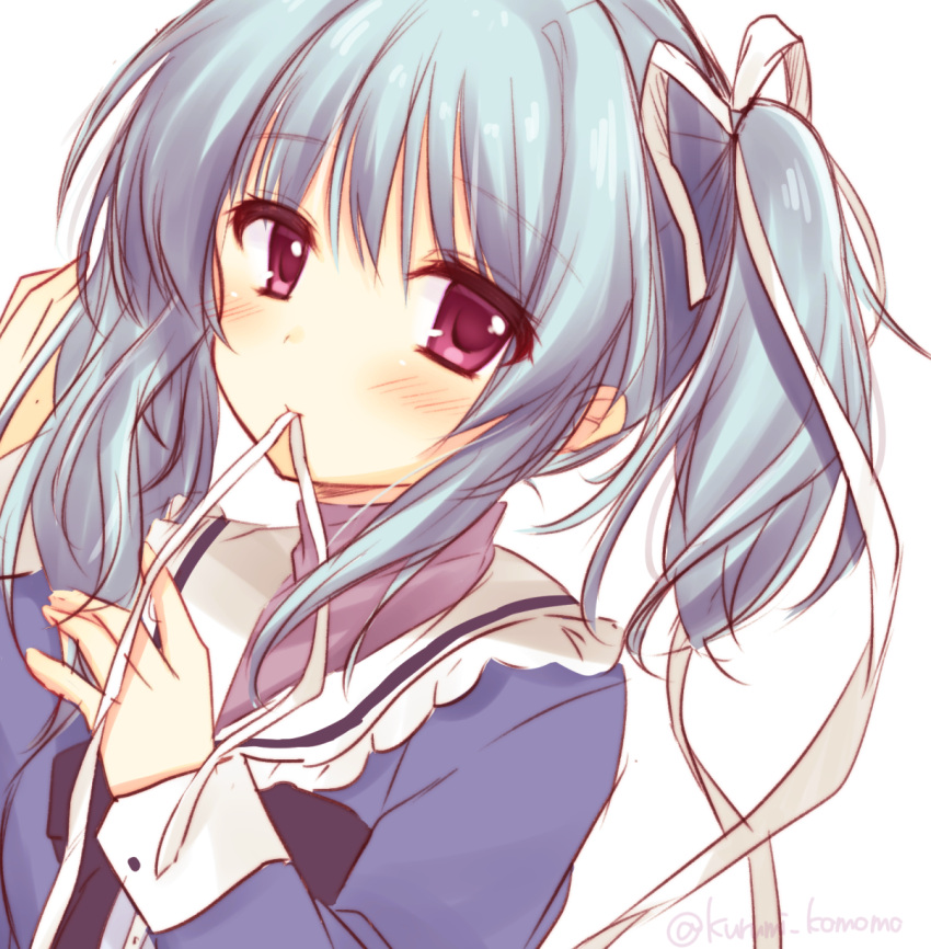 1girl blue_hair blue_shirt blush close-up commentary_request eyelashes eyes_visible_through_hair frilled_sailor_collar frills hair_between_eyes hair_ribbon hand_up highres kurumi_komomo long_ribbon long_sleeves looking_at_viewer mashiroiro_symphony mouth_hold red_eyes ribbon ribbon_in_mouth sailor_collar school_uniform shirt simple_background sketch solo twitter_username uryuu_sakuno white_background white_ribbon white_sailor_collar