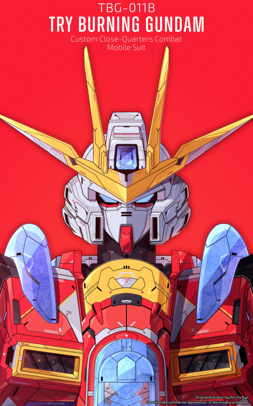 absurdres azzalea blue_eyes character_name commentary english_commentary english_text gundam gundam_build_fighters gundam_build_fighters_try highres looking_at_viewer mecha mixed-language_commentary no_humans portrait red_background robot science_fiction simple_background solo straight-on try_burning_gundam v-fin