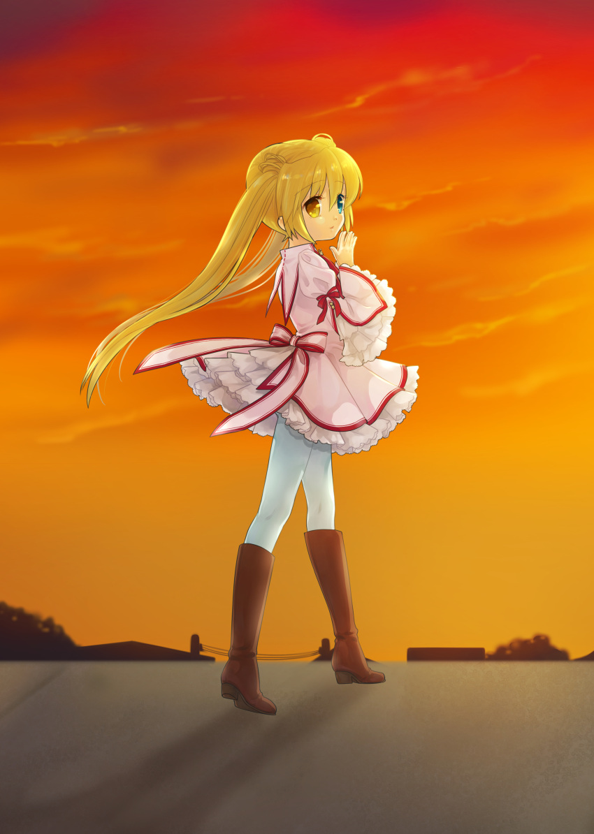 1girl absurdres back_bow blonde_hair blue_eyes boots bow brown_footwear commentary dress dusk eyelashes eyes_visible_through_hair floating_hair frilled_dress frilled_sleeves frills from_side full_body hair_between_eyes hands_up heterochromia highres juliet_sleeves kazamatsuri_institute_high_school_uniform long_hair long_sleeves looking_at_viewer may_salamanya nakatsu_shizuru neck_ribbon orange_sky outdoors own_hands_clasped own_hands_together pantyhose parted_lips pink_bow pink_dress puffy_sleeves red_ribbon rewrite ribbon school_uniform short_dress sidelighting sky solo standing straight_hair tareme twintails very_long_hair white_pantyhose wide_sleeves yellow_eyes