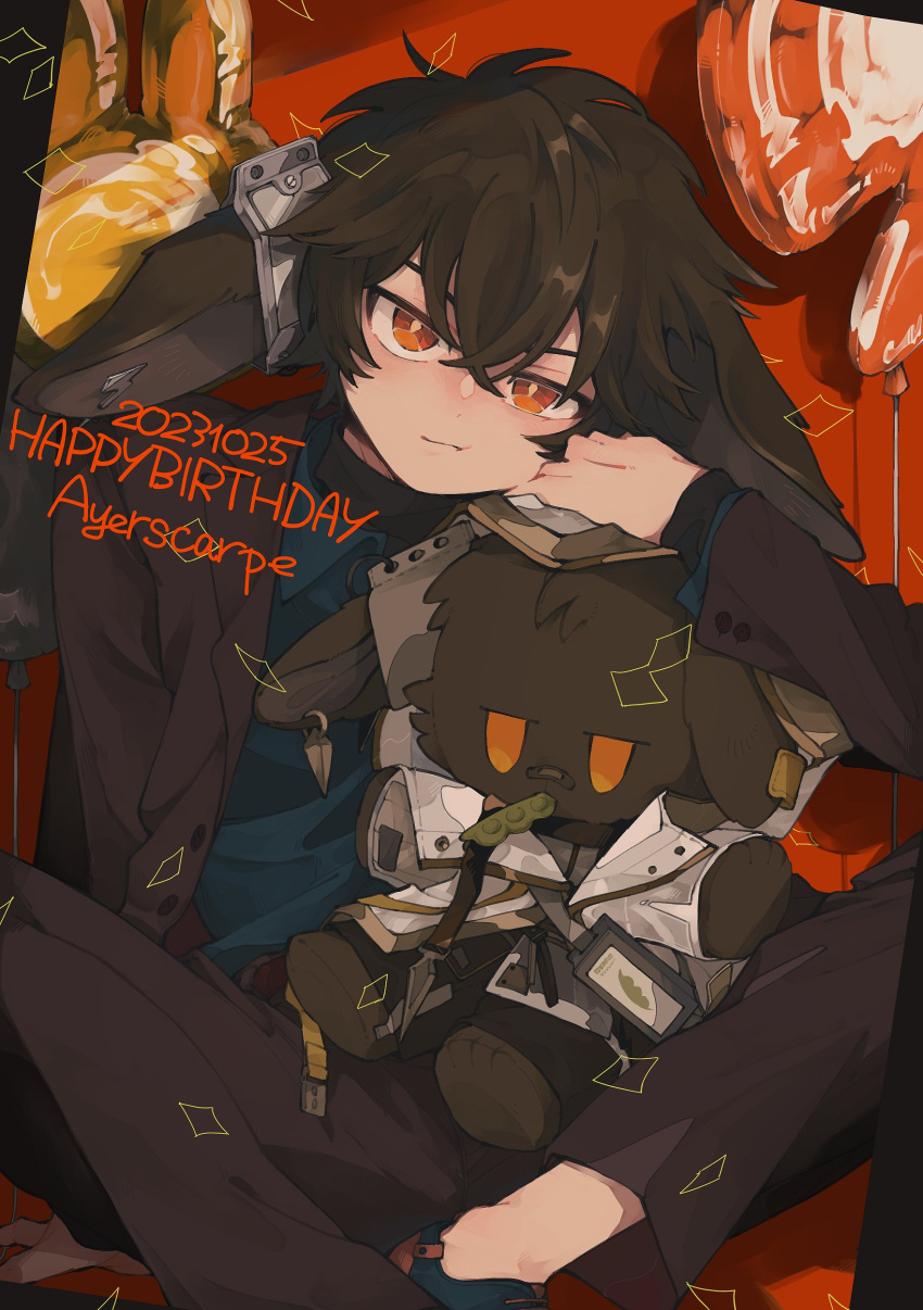1boy absurdres alternate_costume animal_ears arknights ayerscarpe_(arknights) balloon blue_shirt brown_jacket brown_pants character_name commentary dated feet_out_of_frame frown happy_birthday highres jacket jitome looking_at_viewer male_focus open_clothes open_jacket orange_eyes pants pea_pod rabbit_boy rabbit_ears remu_(kudarizaka_25) shirt simple_background solo stuffed_animal stuffed_rabbit stuffed_toy white_jacket