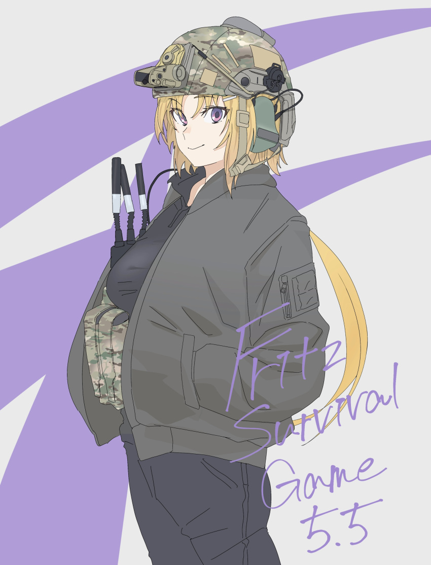 absurdres blonde_hair camouflage earmuffs ellen_aice hair_ornament hands_in_pockets helmet highres jacket low_ponytail military muv-luv muv-luv:_dimensions muv-luv_alternative muv-luv_unlimited:_the_day_after radio soutou_nagi violet_eyes