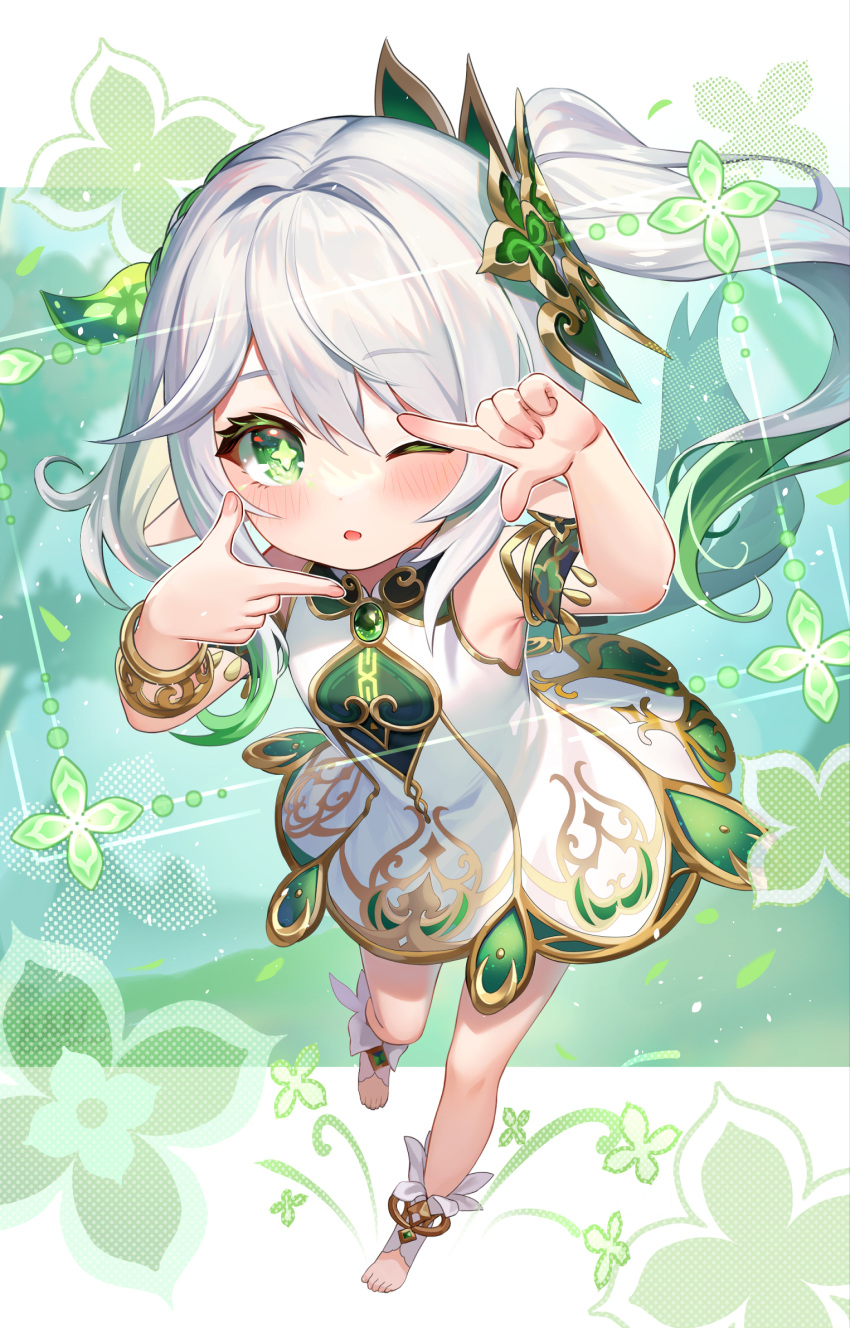 1girl barefoot blush cape cross-shaped_pupils detached_sleeves dress feet genshin_impact gold_trim gradient_hair green_cape green_eyes green_hair hair_ornament highres lalazyt long_hair multicolored_hair nahida_(genshin_impact) one_eye_closed open_mouth pointy_ears side_ponytail solo symbol-shaped_pupils toes white_dress white_hair