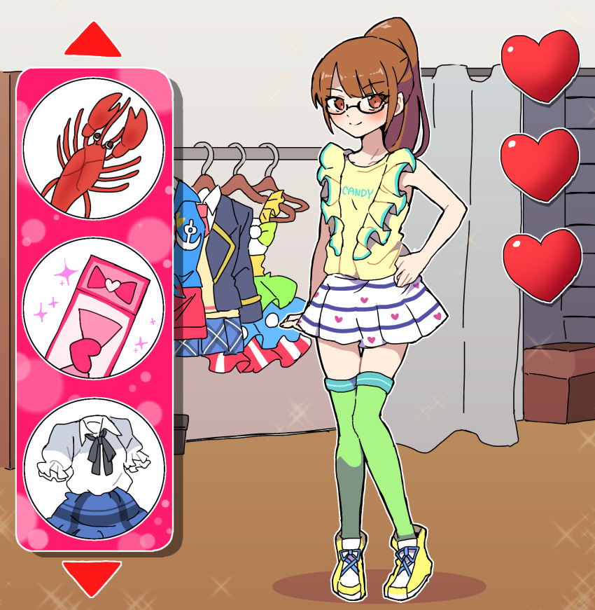 1girl blunt_bangs blush box brown_eyes brown_hair cardboard_box clothes_hanger commentary_request curtains dress fake_screenshot fitting_room full_body gameplay_mechanics glasses green_thighhighs hand_on_own_hip highres indoors lobster long_hair looking_at_viewer minami_mirei multicolored_clothes multicolored_dress nojima_minami paprika_private_academy_school_uniform parody_request ponytail pretty_(series) pripara school_uniform shirt shoes skirt sleeveless sleeveless_shirt smile sneakers solo sparkle standing thigh-highs ticket white_skirt yellow_footwear yellow_shirt