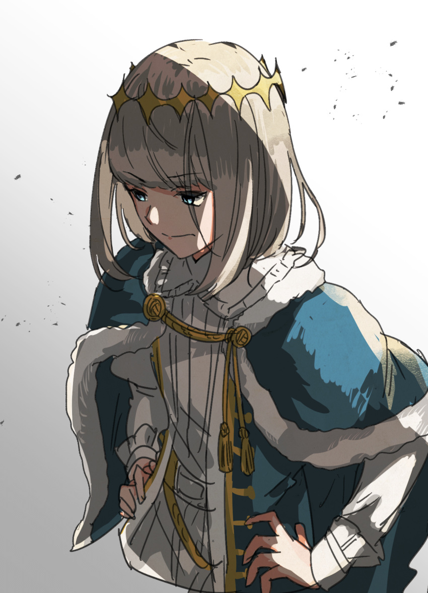 1boy blue_cape cape closed_mouth cropped_torso diamond_hairband dress_shirt eiki_(eikityou_55) fate/grand_order fate_(series) frilled_shirt_collar frills fur-trimmed_cape fur_trim gradient_background grey_hair hands_on_own_hips highres long_sleeves looking_down male_focus oberon_(fate) serious shirt short_hair solo tassel white_shirt