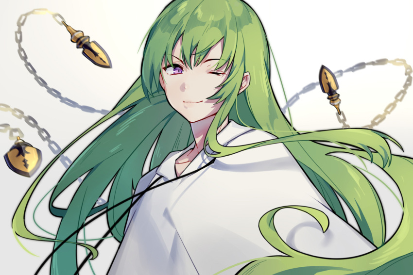 1other anchun_(quail0503) androgynous chain collarbone enkidu_(fate) fate/grand_order fate_(series) floating floating_hair floating_object green_hair kingu_(fate) long_hair looking_at_viewer one_eye_closed portrait robe simple_background single_sidelock smile violet_eyes white_robe
