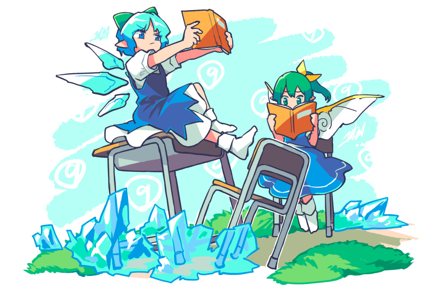 2girls blue_dress blue_eyes blue_hair bobby_socks book bow chair circled_9 cirno closed_mouth covered_mouth daiyousei day desk doggo_1d34 dress fairy_wings frozen full_body grass green_bow green_eyes green_hair hair_bow highres holding holding_book ice light_blue_hair multiple_girls on_chair on_desk open_book outdoors outstretched_arms parted_bangs pinafore_dress pointy_ears puffy_short_sleeves puffy_sleeves reading school_chair school_desk shirt short_hair short_sleeves side_ponytail signature sitting sleeveless sleeveless_dress socks touhou white_shirt white_socks wings