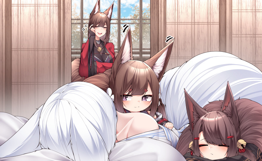 4girls absurdres akagi-chan_(azur_lane) amagi-chan_(azur_lane) amagi_(azur_lane) animal_ears azur_lane bare_shoulders bell black_kimono blush brown_hair dated_commentary day english_commentary eyeshadow facing_viewer fox_ears fox_girl fox_tail hair_bell hair_between_eyes hair_ornament hair_over_one_eye hairclip hand_on_own_cheek hand_on_own_face highres indoors japanese_clothes kaga_(azur_lane) kimono kimono_pull kitsune long_hair looking_at_another lying lying_on_person makeup medium_hair mixed-language_commentary multiple_girls multiple_tails on_stomach red_eyeshadow red_kimono samip sleeping sleeping_on_person slit_pupils smug tail teeth upper_teeth_only very_long_hair violet_eyes white_hair white_kimono