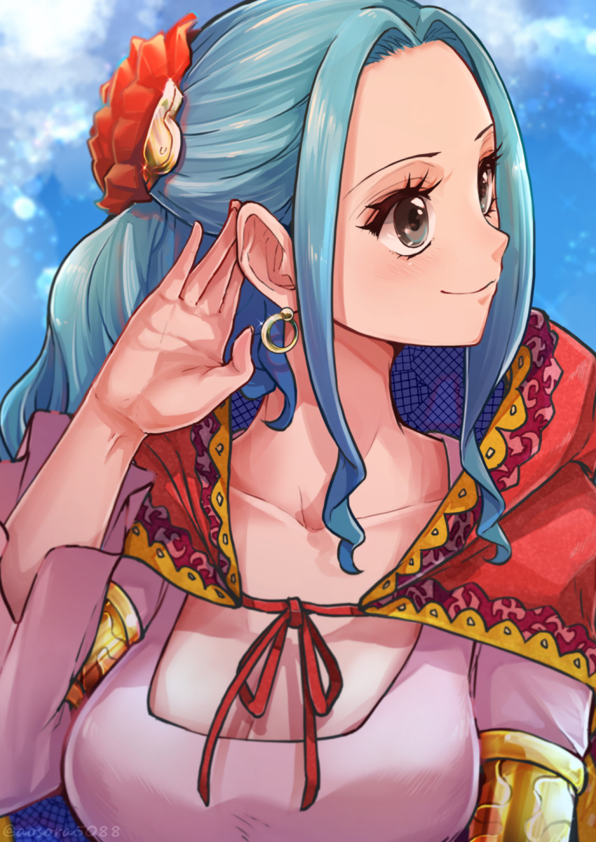 1girl aosora2823 artist_name black_eyes blue_hair closed_mouth clouds cloudy_sky commentary earrings english_commentary flower hair_flower hair_ornament highres hoop_earrings jewelry long_hair looking_to_the_side nefertari_vivi one_piece outdoors red_flower sky smile solo