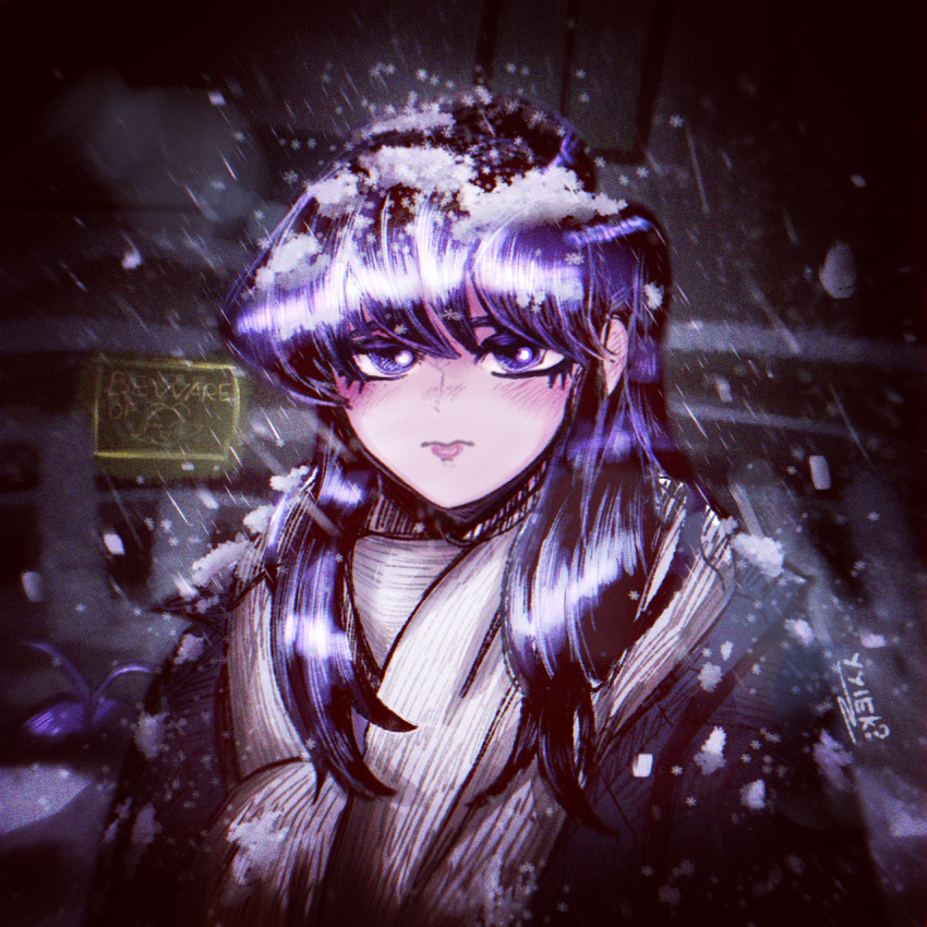 1girl frown highres husbant_(meme) jacket komi-san_wa_komyushou_desu komi_shouko long_hair looking_at_viewer meme scarf snowflakes snowing solo winter yyiek?