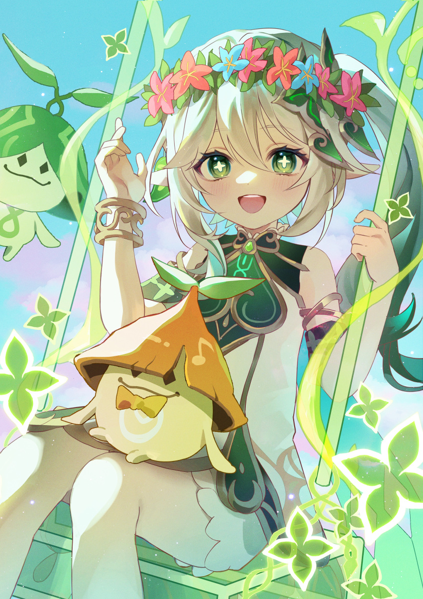 1girl :d absurdres aranara_(genshin_impact) armlet bloomers blue_flower blue_sky blush bow bowtie bracelet clouds commentary_request cross-shaped_pupils day detached_sleeves dress eyelashes flower flower_wreath gem genshin_impact gold_trim gradient_hair green_dress green_eyes green_gemstone green_hair green_sleeves hair_between_eyes hair_ornament hands_up head_wreath highres jewelry ki_1315 leaf_hair_ornament long_hair looking_at_viewer multicolored_hair nahida_(genshin_impact) open_mouth outdoors pink_flower plant pointy_ears ponytail short_sleeves side_ponytail sidelocks sitting sitting_on_lap sitting_on_person sky sleeveless sleeveless_dress smile streaked_hair swing symbol-shaped_pupils teeth upper_teeth_only vines white_bloomers white_dress white_hair yellow_bow yellow_bowtie