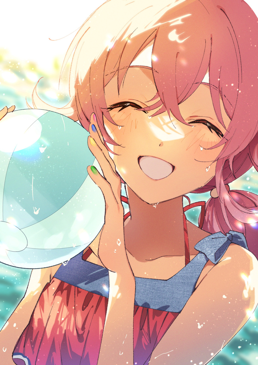 1girl absurdres ball bare_shoulders beachball bikini closed_eyes commentary_request crossed_bangs facing_viewer highres idolmaster idolmaster_shiny_colors komiya_kaho long_hair low_twintails maico_(manya0321) multicolored_nails nail_polish portrait redhead solo swimsuit twintails upper_body wet