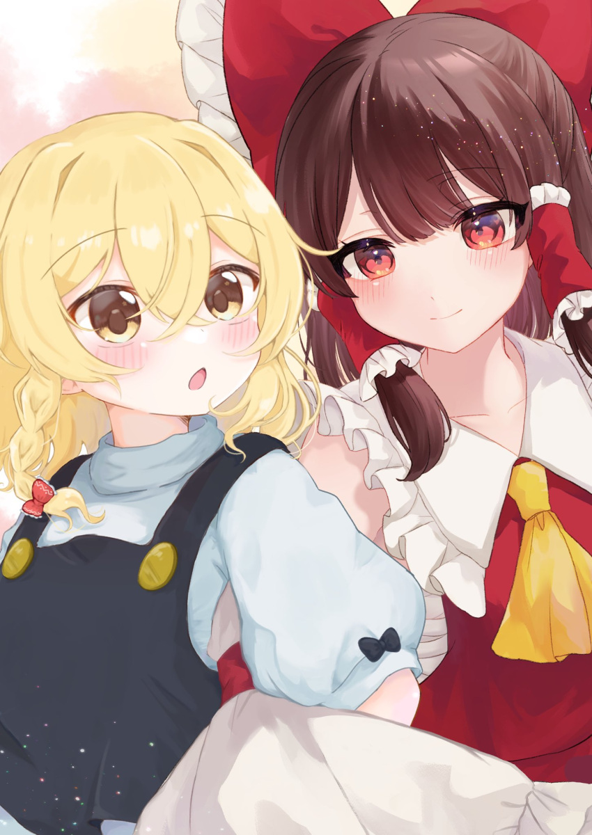 2girls :o ascot bare_shoulders black_bow black_vest blonde_hair blush bow braid brown_hair buttons collarbone detached_sleeves frilled_bow frilled_hair_tubes frilled_shirt_collar frills hair_between_eyes hair_tubes hakurei_kaede hakurei_reimu highres kirisame_marisa long_sleeves medium_hair multiple_girls no_headwear open_mouth puffy_short_sleeves puffy_sleeves red_bow red_eyes red_ribbon red_shirt ribbon ribbon-trimmed_sleeves ribbon_trim sarashi shirt short_sleeves side_braid sidelocks single_braid sleeve_bow sleeveless sleeveless_shirt touhou turtleneck upper_body vest white_shirt wide_sleeves yellow_ascot yellow_eyes