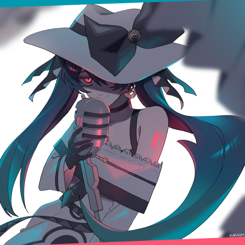 1girl black_bow black_choker black_gloves bow choker dark_miku_(project_voltage) earrings gloves green_hair hat hat_bow hatsune_miku jewelry kiki1109 long_hair long_sleeves looking_at_viewer luxury_ball microphone off_shoulder one_eye_covered poke_ball pokemon project_voltage red_eyes smile twintails uneven_twintails very_long_hair vocaloid