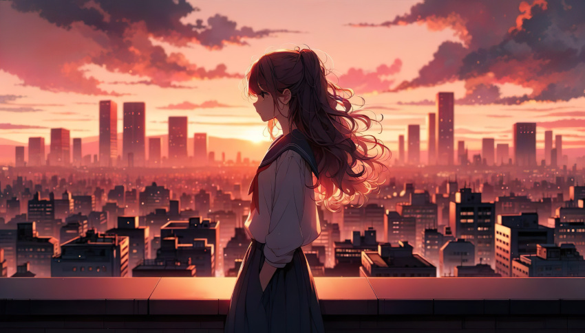 1girl absurdres baro_(pixiv99317801) blue_sailor_collar blue_skirt brown_hair closed_mouth curly_hair dusk from_side hand_in_pocket highres long_hair long_sleeves neckerchief on_rooftop original outdoors pleated_skirt profile red_neckerchief rooftop sailor_collar sailor_shirt scenery school_uniform serafuku shirt skirt skirt_pocket solo standing white_shirt