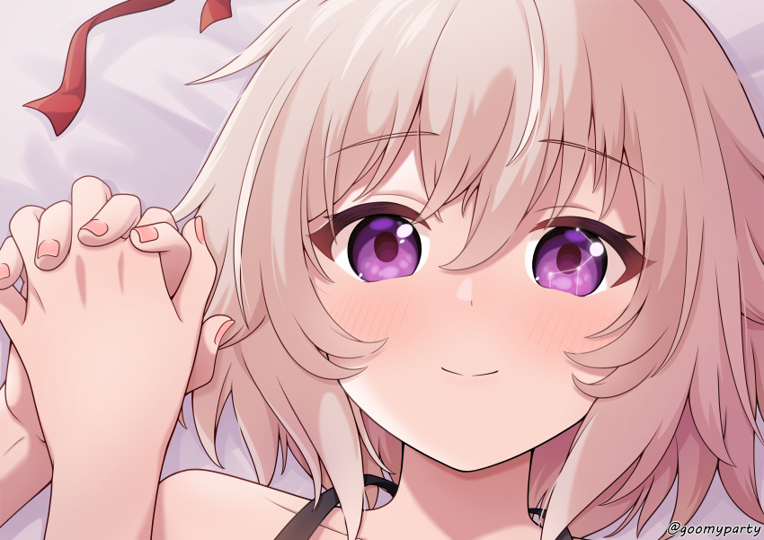 1girl 1other absurdres bed_sheet brown_hair closed_mouth collarbone commentary_request constellation curren_chan_(umamusume) goom_(goomyparty) hair_between_eyes highres holding_hands interlocked_fingers looking_at_viewer lying on_back pink_nails portrait smile solo_focus twitter_username umamusume violet_eyes