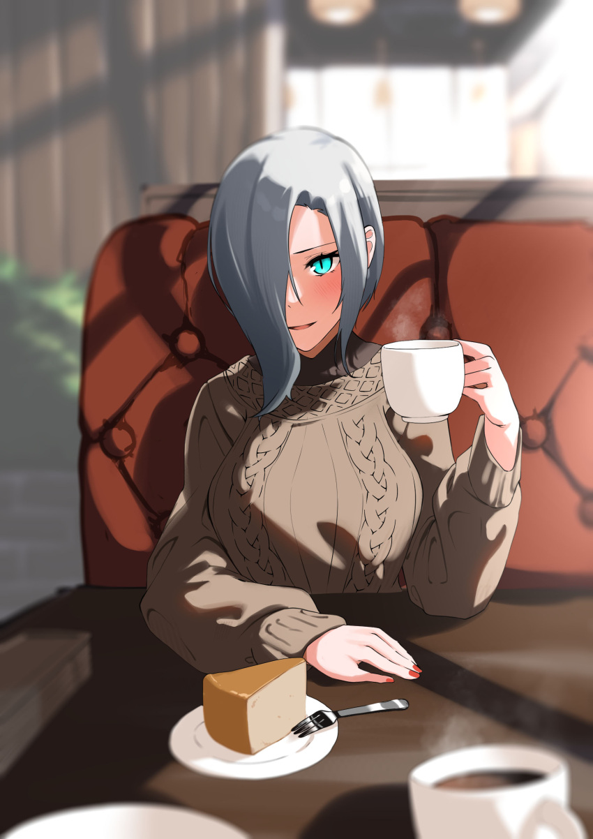 1girl absurdres blue_eyes blush breasts brown_sweater cake cake_slice coffee_cup commission cup disposable_cup ert_raitsui fingernails food fork girls_frontline grey_hair hair_over_one_eye hand_up highres holding holding_cup indoors large_breasts long_sleeves looking_at_viewer mg5_(girls'_frontline) nail_polish open_mouth red_nails ribbed_sweater skeb_commission slit_pupils solo steam sweater