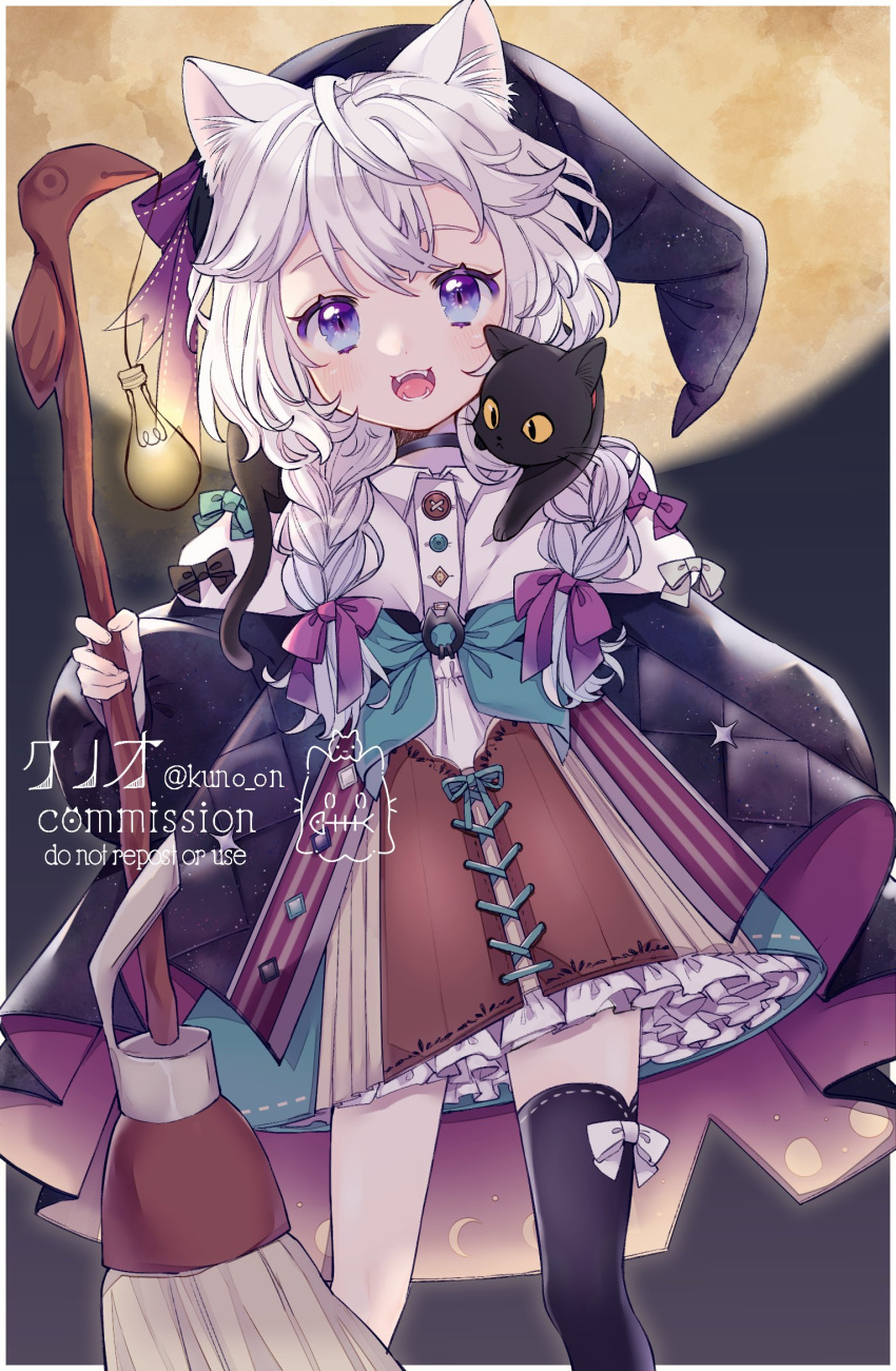 1girl animal_ears asymmetrical_legwear black_thighhighs blue_eyes bow broom cat_ears dress hair_bow highres holding holding_broom jikuno long_hair low_twintails moon night open_mouth original purple_bow solo thigh-highs twintails uneven_legwear white_bow white_hair