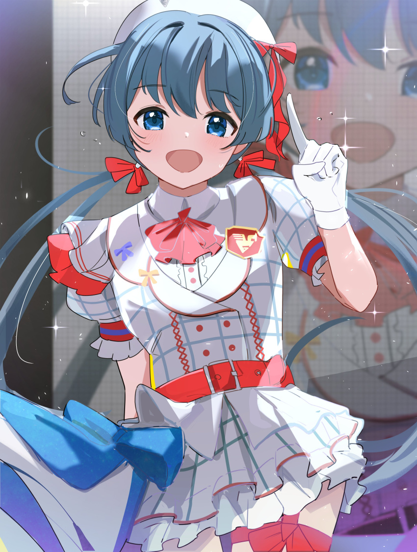 1girl :d absurdres arm_at_side ascot beret blue_eyes blue_hair blush bow bow_earrings collared_shirt cowboy_shot dangle_earrings dot_nose earrings gloves hair_between_eyes hair_bow hand_up hat highres idoly_pride index_finger_raised jewelry legs_together looking_at_viewer low_twintails okuyama_sumire ooho0216 open_mouth petticoat plaid plaid_shirt plaid_skirt pleated_skirt puffy_short_sleeves puffy_sleeves red_ascot red_bow screen shirt short_sleeves skirt skirt_set smile solo sparkle stage thigh_gap twintails white_gloves white_headwear white_shirt white_skirt zoom_layer