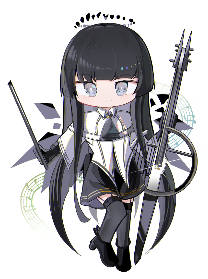 1girl absurdres arknights ascot belt belt_buckle black_ascot black_eyes black_footwear black_garter_straps black_gloves black_hair black_halo black_shirt black_skirt black_thighhighs black_wings blunt_bangs boots bow_(music) broken_halo buckle cello chibi closed_mouth collared_jacket commentary dark_halo detached_wings dress_shirt energy_wings full_body garter_straps gloves halo high_heel_boots high_heels highres hime_cut holding holding_bow_(music) holding_instrument holding_violin instrument jacket light_blush long_hair long_sleeves looking_at_viewer musical_note shirt sidelocks simple_background skirt smile solo spam_(spamham4506) standing thigh-highs very_long_hair violin virtuosa_(arknights) white_background white_belt white_jacket wings zettai_ryouiki