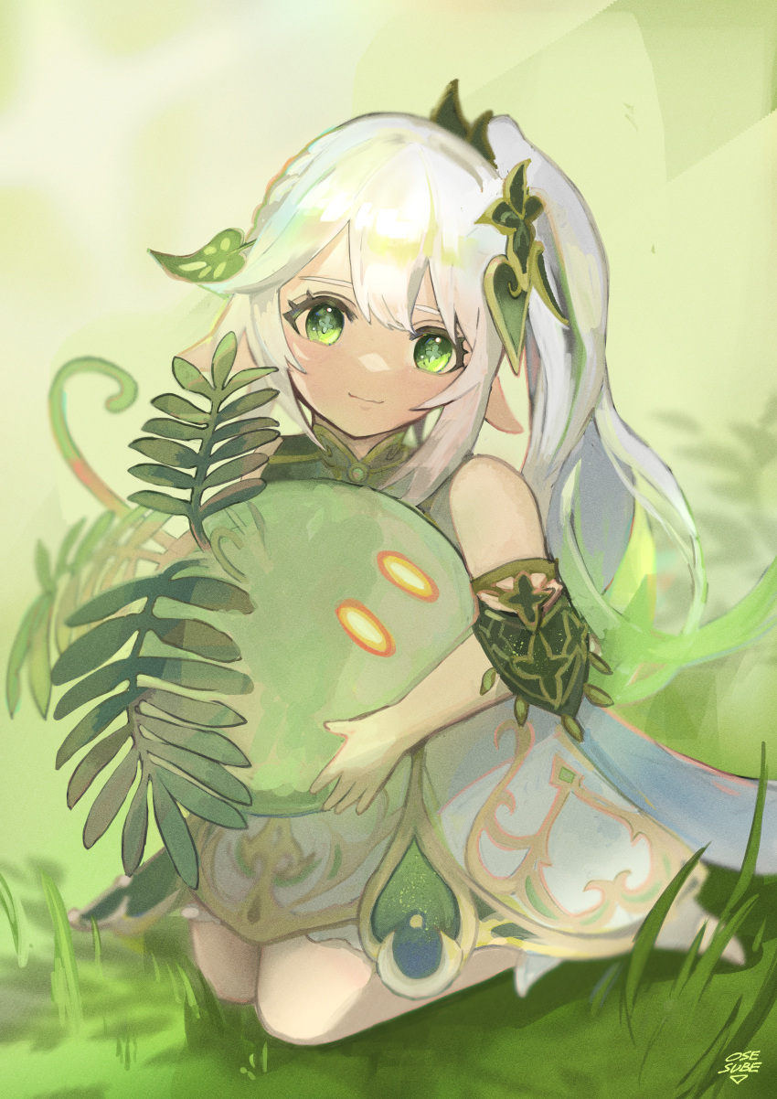 1girl absurdres cape closed_mouth commentary_request dress flower-shaped_pupils genshin_impact gradient_hair green_cape green_eyes green_hair hair_ornament highres leaf_hair_ornament looking_at_viewer multicolored_hair nahida_(genshin_impact) on_grass osesube2 pointy_ears side_ponytail signature sitting sleeveless sleeveless_dress slime_(genshin_impact) smile socks stirrup_legwear symbol-shaped_pupils toeless_legwear wariza white_dress white_hair white_socks