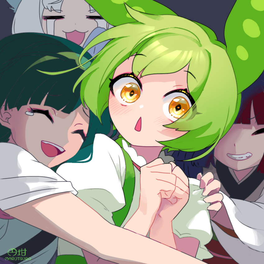 4girls :3 =_= blush brown_hair clenched_hands closed_eyes commentary_request crying floating_hair glomp green_hair grin hand_on_another's_shoulder hands_up happy_tears highres hug japanese_clothes kimono looking_at_viewer marutsubo multiple_girls own_hands_together pink_eyeliner puffy_short_sleeves puffy_sleeves raised_eyebrows shirt short_sleeves smile streaming_tears surprised suspenders tears touhoku_itako touhoku_kiritan touhoku_zunko triangle_mouth voiceroid voicevox white_hair white_shirt wide-eyed wide_sleeves yellow_eyes zundamon
