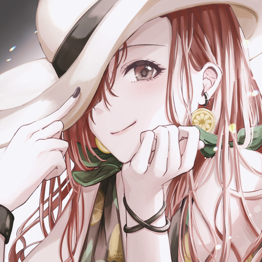 1girl absurdres arisugawa_natsuha bare_shoulders black_nails bracelet commentary_request earrings hair_over_one_eye hat hat_over_one_eye highres idolmaster idolmaster_shiny_colors jewelry kumatsuki_(no-kirin) long_hair looking_at_viewer orange_hair portrait smile solo upper_body