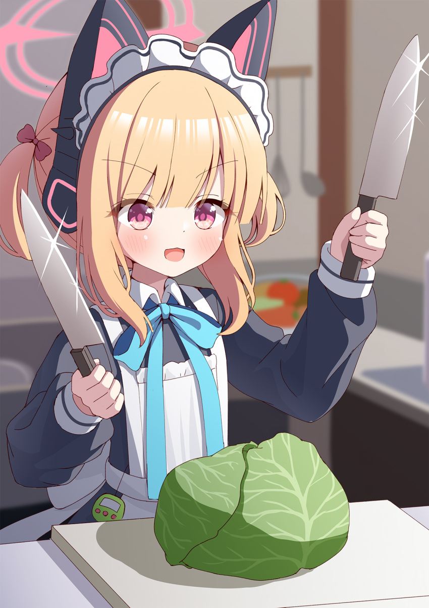 1girl animal_ear_headphones animal_ears apron aqua_ribbon azel_(laevateinn495) blue_archive blush bow cabbage commentary_request countdown_timer cutting_board dual_wielding fake_animal_ears food hair_bow halo headphones highres holding holding_knife kitchen kitchen_knife knife long_sleeves maid maid_apron maid_headdress momoi_(blue_archive) momoi_(maid)_(blue_archive) neck_ribbon official_alternate_costume open_mouth pink_eyes pink_halo ribbon short_hair smile solo vegetable white_apron