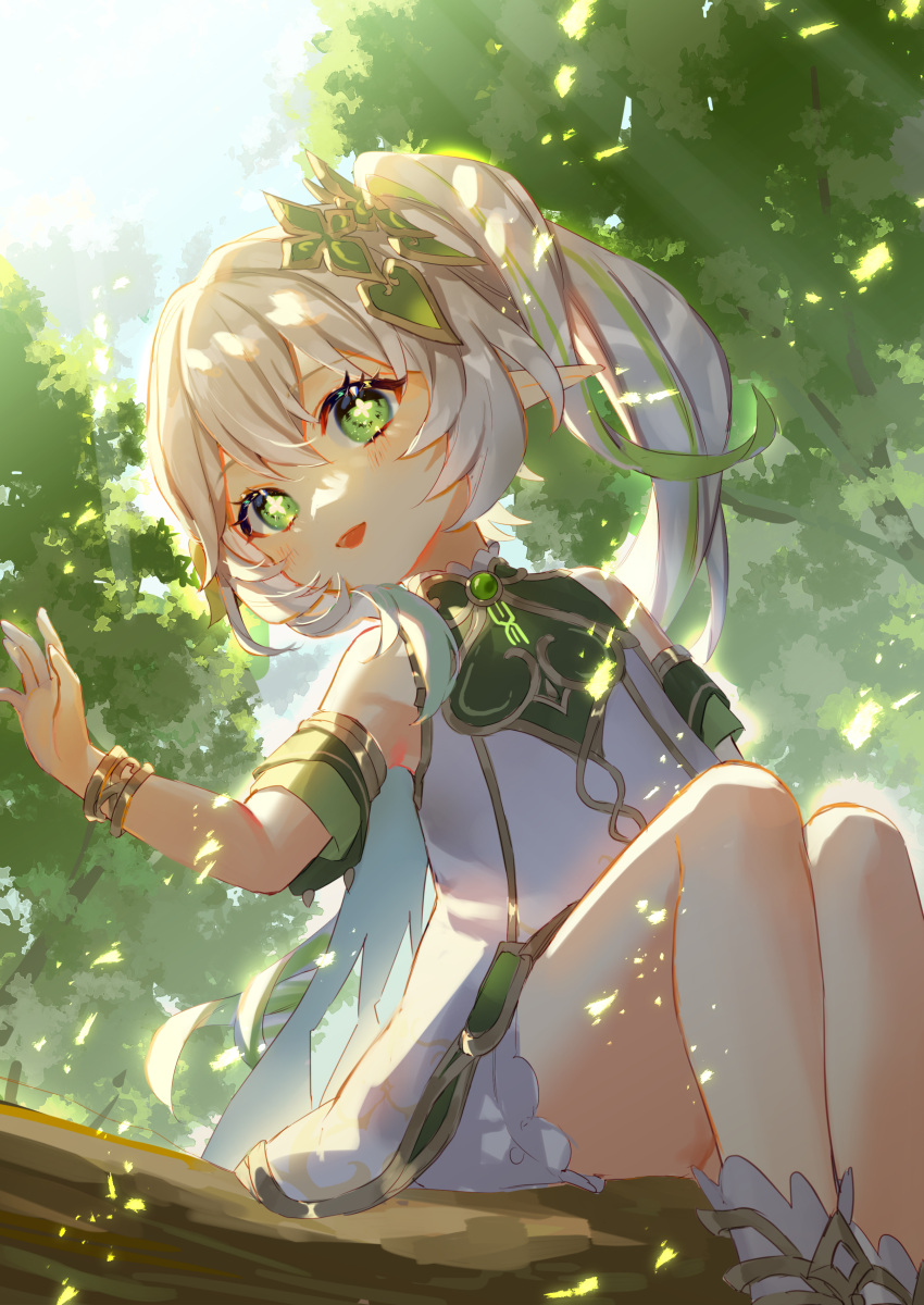 1girl absurdres bloomers bracelet commentary_request dress genshin_impact gradient_hair green_eyes green_hair hand_up harushio highres jewelry long_hair looking_at_viewer multicolored_hair nahida_(genshin_impact) open_mouth pointy_ears side_ponytail sitting sleeveless sleeveless_dress smile solo tree white_bloomers white_dress white_hair