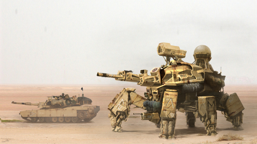 1boy absurdres cannon chenlongque concept_art desert english_commentary gun hatch highres m1_abrams machine_gun machinery main_battle_tank mecha military military_vehicle motor_vehicle original radio_antenna real_life realistic robot sand science_fiction soldier spider_tank tank united_states_army walker_(robot) weapon