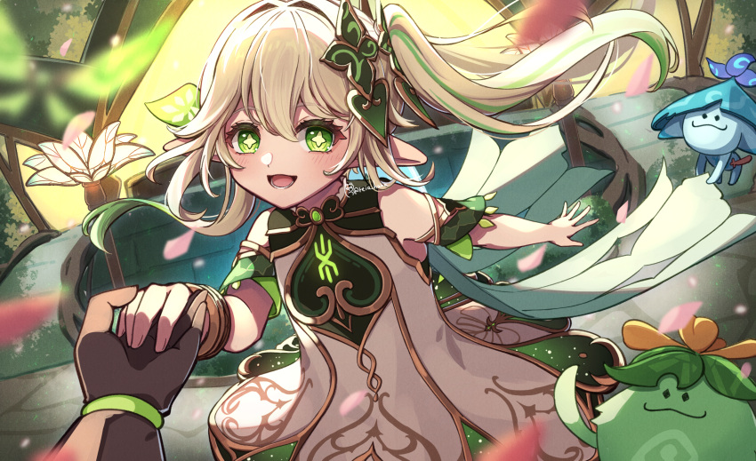 1girl artist_name blush bracelet cape commentary_request dress flower-shaped_pupils genshin_impact gradient_hair green_cape green_eyes green_hair hair_ornament highres holding_hands jewelry leaf_hair_ornament long_hair looking_at_viewer lower_teeth_only multicolored_hair nahida_(genshin_impact) open_mouth petals pointy_ears pov pov_hands reia_hana side_ponytail sleeveless sleeveless_dress smile symbol-shaped_pupils teeth white_dress white_hair