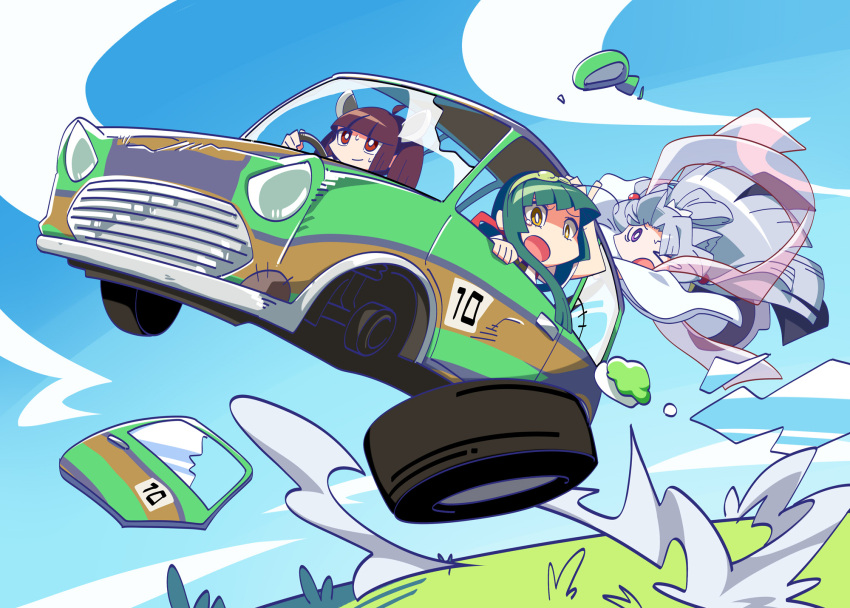 &gt;_o 3girls blue_sky blunt_bangs bright_pupils broken_window brown_hair car commentary_request damaged day driving fuu_(koneko_no_yomeiri) grass green_hair green_hairband grey_hair hagoromo hairband hand_on_own_head hanging_on headgear highres japanese_clothes kimono knife long_hair long_sleeves looking_ahead looking_down midair motor_vehicle multiple_girls nervous_smile nervous_sweating one_eye_closed open_mouth red_eyes scared shawl siblings sisters sky smile sweat tasuki tearing_up through_window tire touhoku_itako touhoku_kiritan touhoku_zunko twintails v-shaped_eyebrows violet_eyes voiceroid white_kimono white_pupils wide_sleeves yellow_eyes zunda_mochi