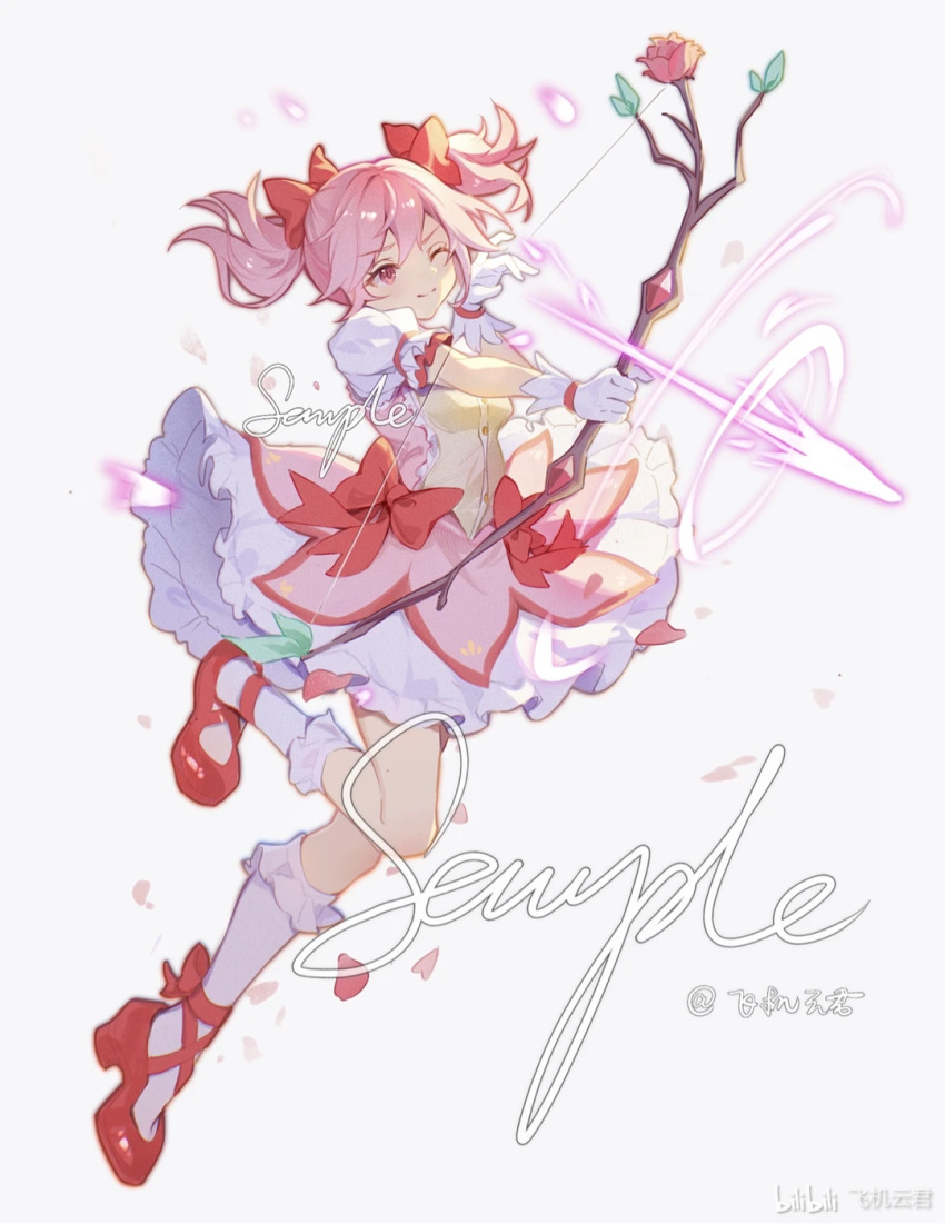 1girl ;) ankle_ribbon bow bow_(weapon) breasts bubble_skirt buttons chinese_commentary choker closed_mouth cloudyman dot_nose eyelashes flat_chest floating_hair flower frilled_skirt frilled_sleeves frills full_body gloves hair_between_eyes hair_ribbon happy highres holding holding_bow_(weapon) holding_weapon kaname_madoka leaf leg_ribbon legs_together light_blush light_particles magical_girl mahou_shoujo_madoka_magica neck_ribbon one_eye_closed petals pink_eyes pink_flower pink_hair pink_ribbon pink_rose pink_theme puffy_short_sleeves puffy_sleeves red_footwear red_ribbon ribbon ribbon_choker rose shaded_face shoes short_sleeves short_twintails sidelocks simple_background skirt small_breasts smile socks solo soul_gem sparkle_background tareme twintails weapon white_background white_gloves white_skirt white_socks