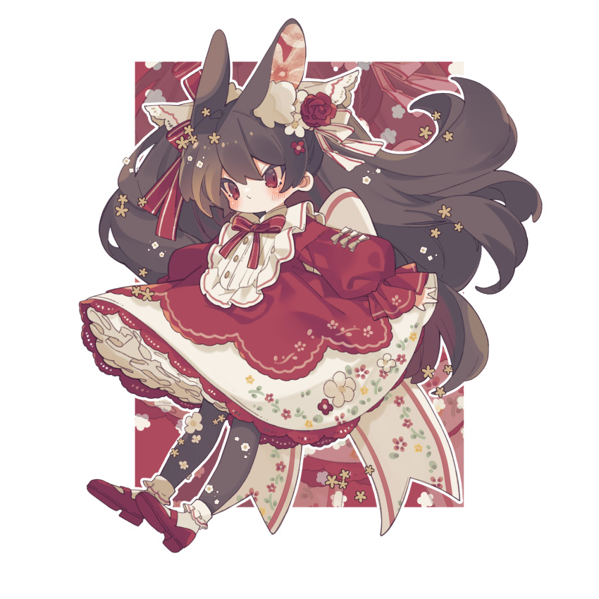 1girl animal_ear_fluff animal_ears black_pantyhose brown_hair closed_mouth commentary dated_commentary dress dress_ribbon flat_chest flower fox_ears fox_girl full_body hair_flower hair_ornament hair_ribbon highres long_hair long_sleeves mary_janes neck_ribbon original ozureiji pantyhose petticoat red_dress red_eyes red_flower red_footwear red_ribbon ribbon shoes socks socks_over_pantyhose solo twintails white_ribbon white_socks yellow_flower