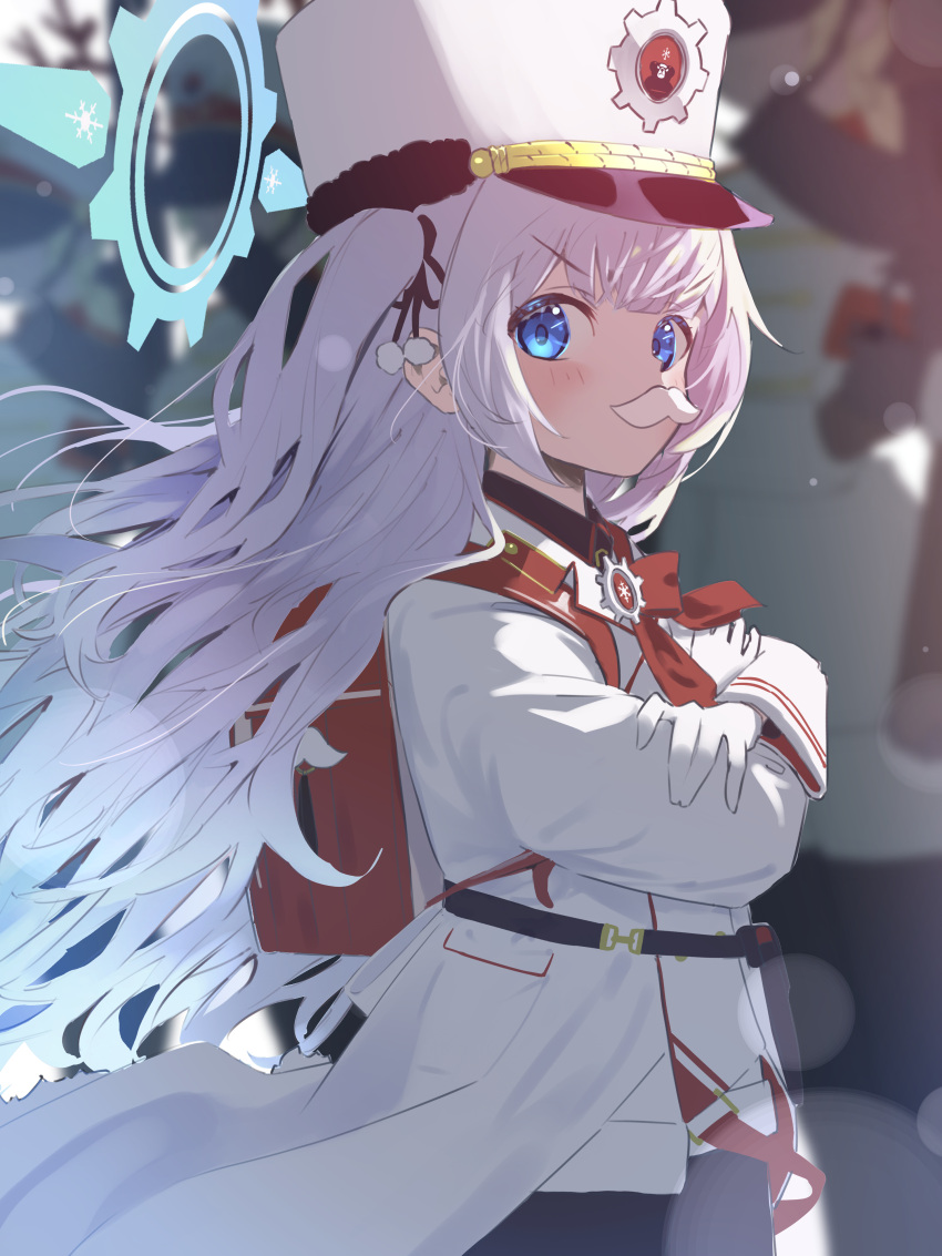 1girl absurdres blue_archive blue_eyes blue_halo cherino_(blue_archive) crossed_arms fake_facial_hair fake_mustache gloves grey_hair halo highres hiyayakko_(jfky2528) long_hair long_sleeves looking_at_viewer solo upper_body white_gloves white_headwear